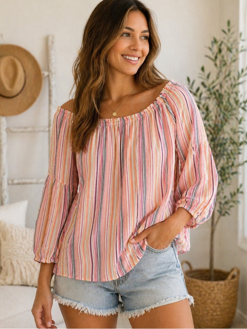 GAP Pink & Peach Striped Off-Shoulder Tunic 100% cotton